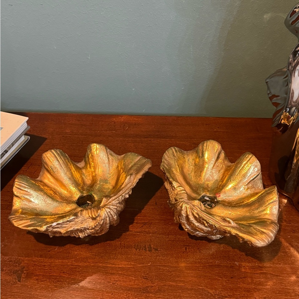 Gorgeous Pair of Vintage Mid Century gold Shell Taper Candle Holders